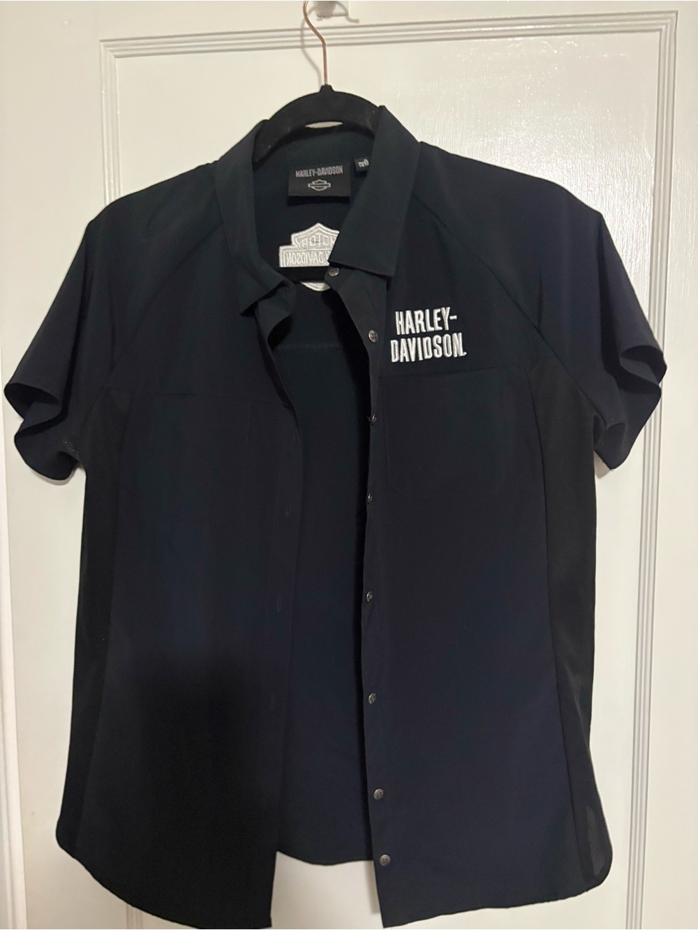 Women’sHarley-Davidson Black Short Sleeve Button-Down Work Shirt with Chest Logo